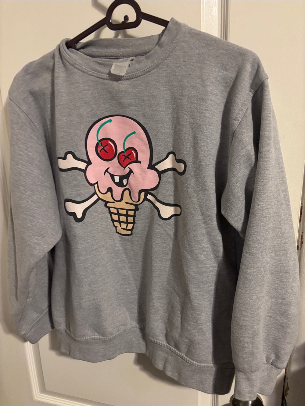 Icecream “Cones&Bones”Gray Crewneck Sweatshirt with Pink Ice Cream Skull Graphic